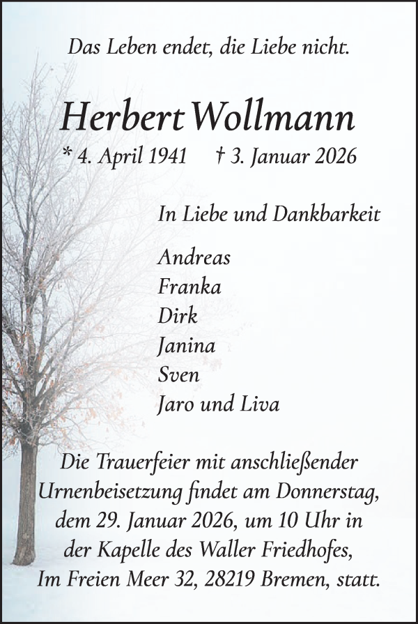 Traueranzeige von Herbert Wollmann von WESER-KURIER