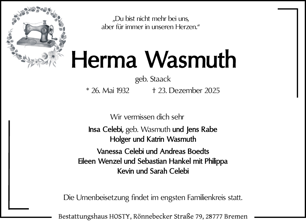 Traueranzeige von Herma Wasmuth von Die Norddeutsche