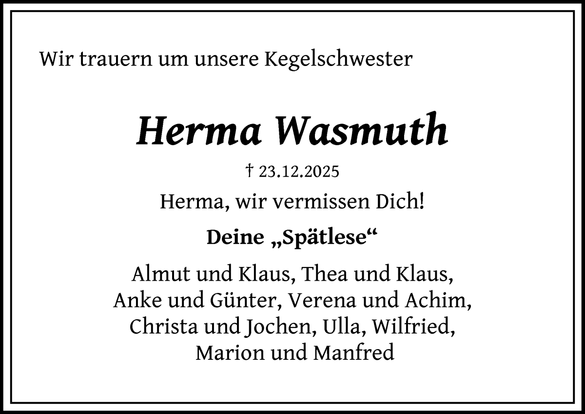 Traueranzeige von Herma Wasmuth von Die Norddeutsche