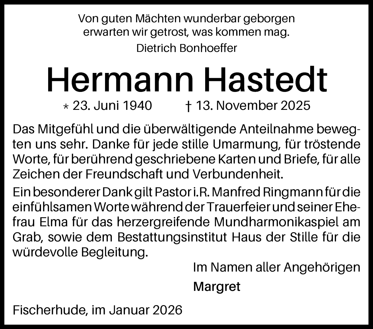 Traueranzeige von Hermann Hastedt von Wuemme Zeitung