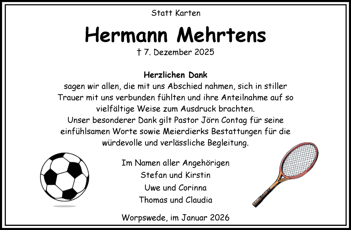 Traueranzeige von Hermann Mehrtens von Wuemme Zeitung