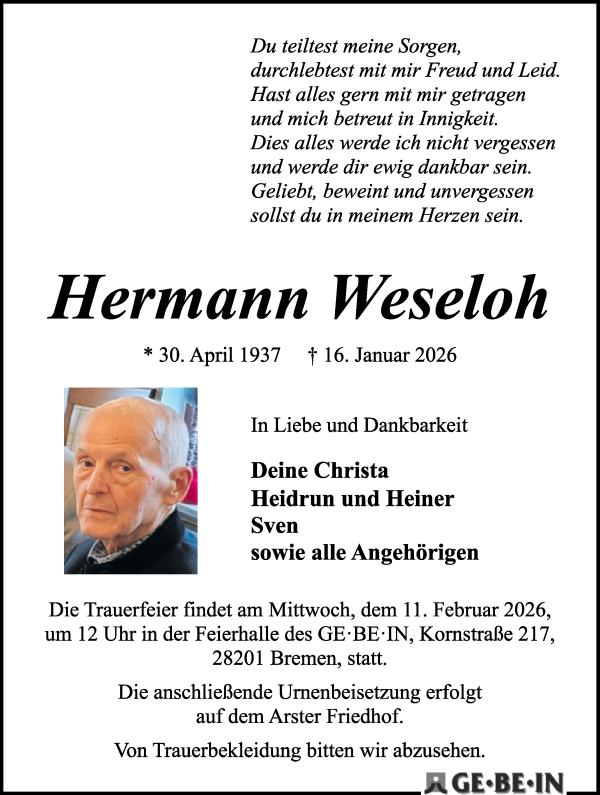 Traueranzeige von Hermann Weseloh von WESER-KURIER