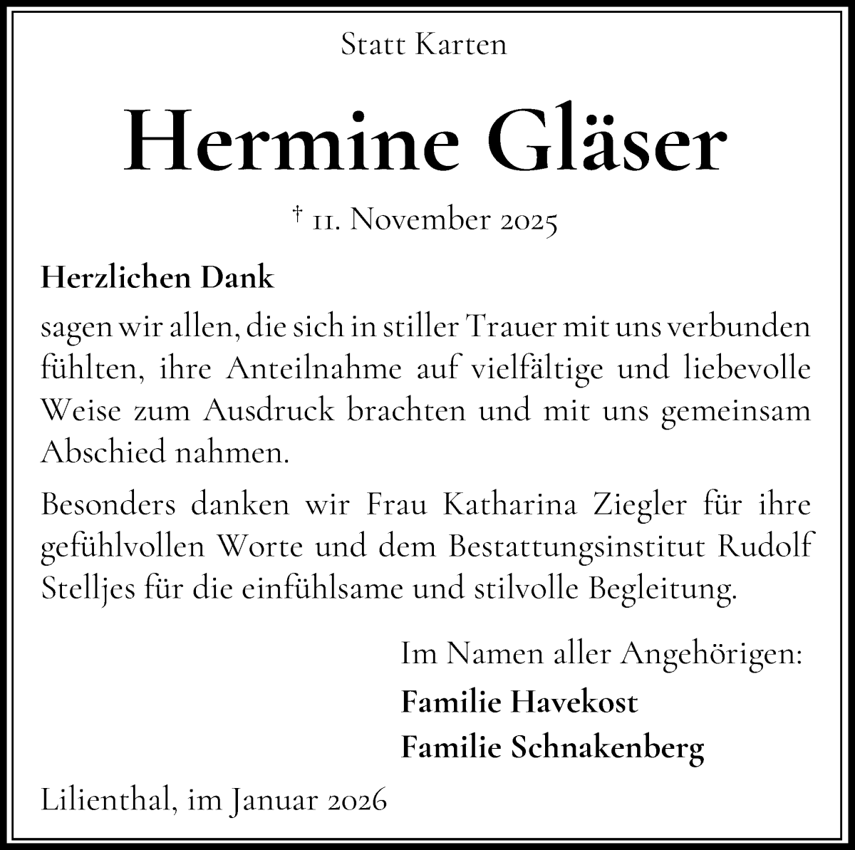 Traueranzeige von Hermine Gläser von Wuemme Zeitung