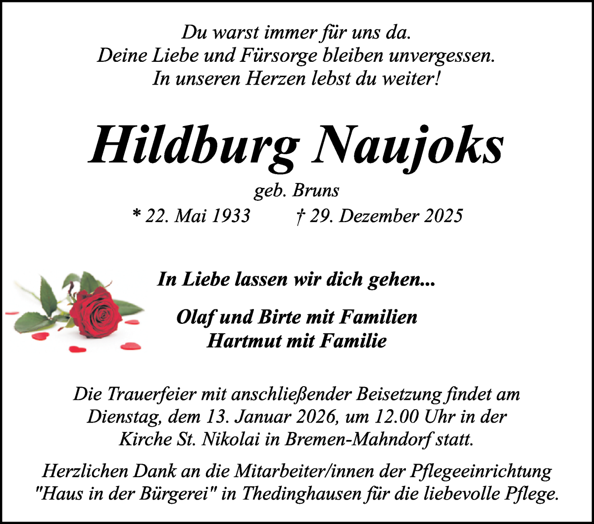 Traueranzeige von Hildburg Naujoks von WESER-KURIER