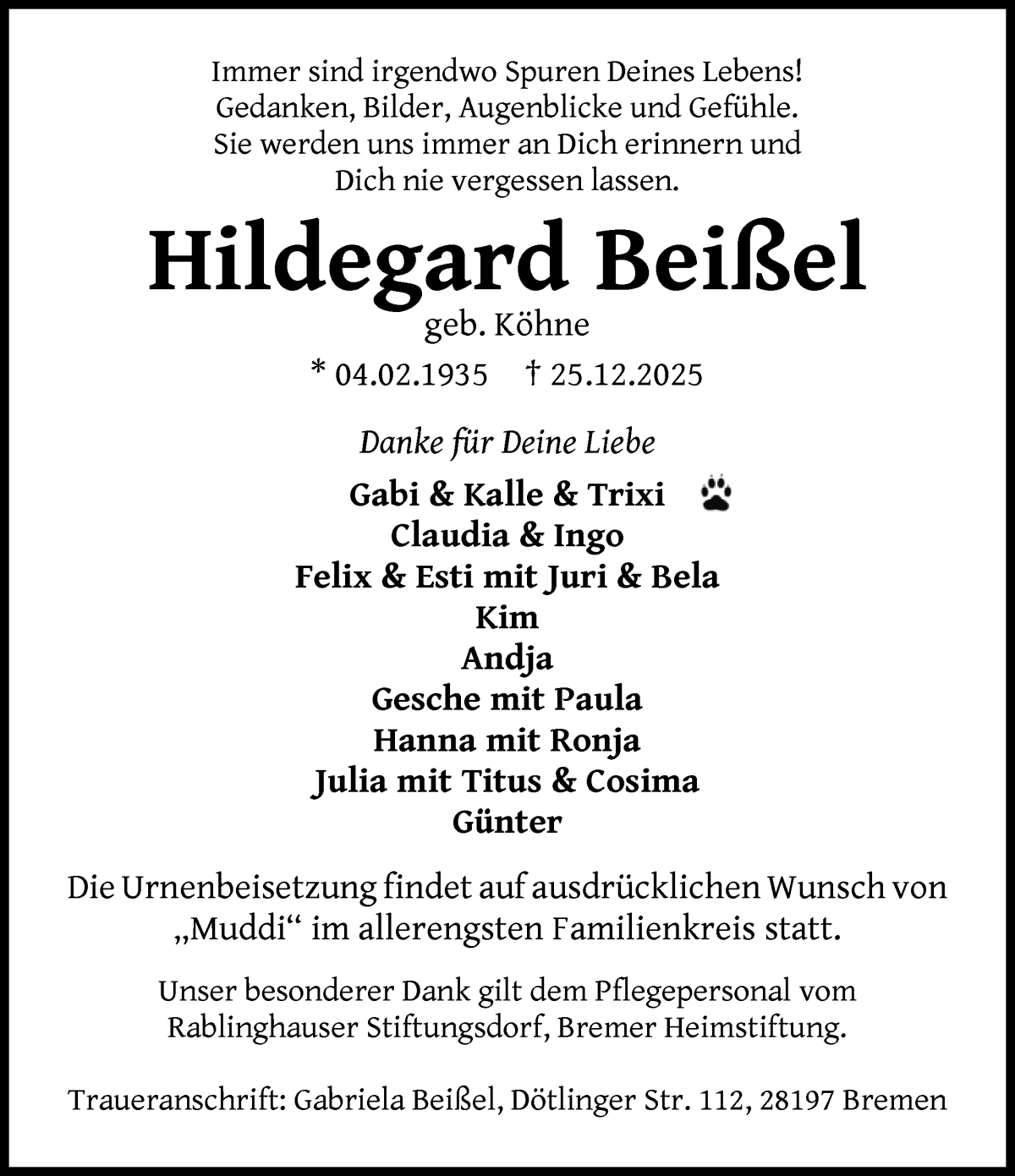 Traueranzeige von Hildegard Beißel von WESER-KURIER