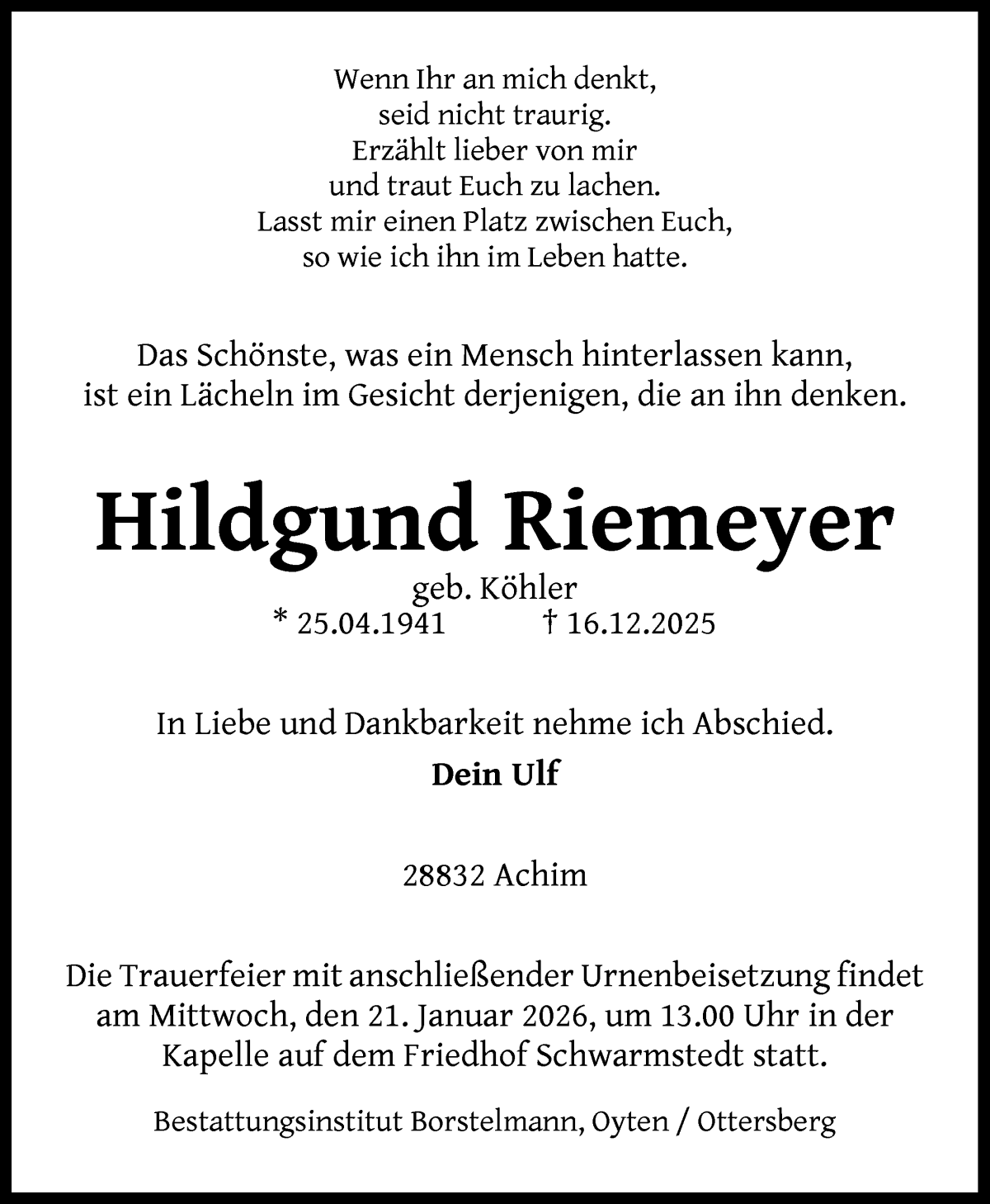Traueranzeige von Hildgund Riemeyer von Achimer Kurier/Verdener Nachrichten