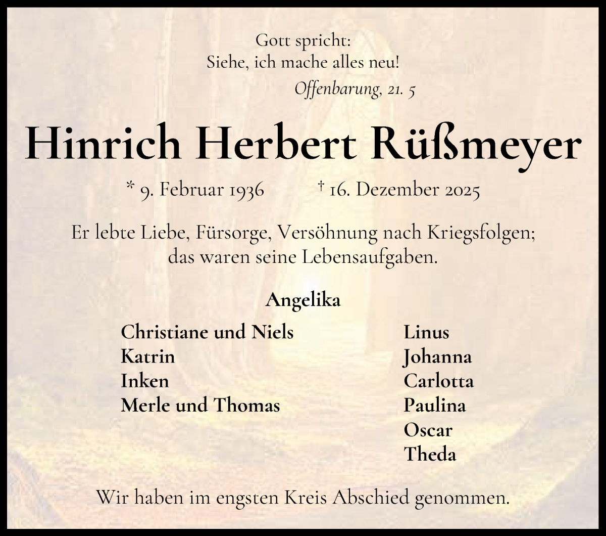 Traueranzeige von Hinrich Herbert Rüßmeyer von Wuemme Zeitung