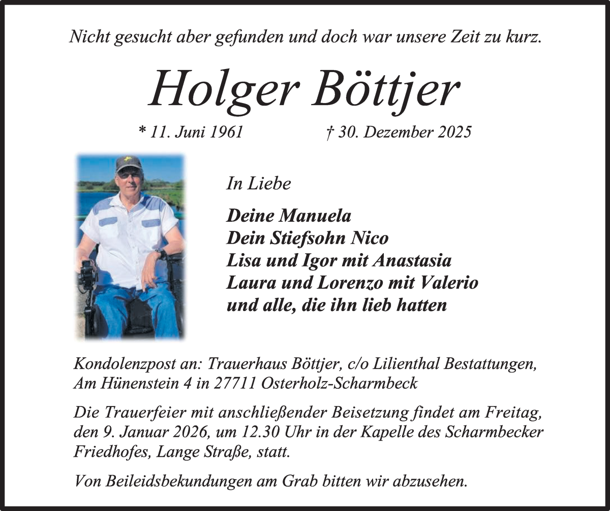 Traueranzeige von Holger Böttjer von Osterholzer Kreisblatt