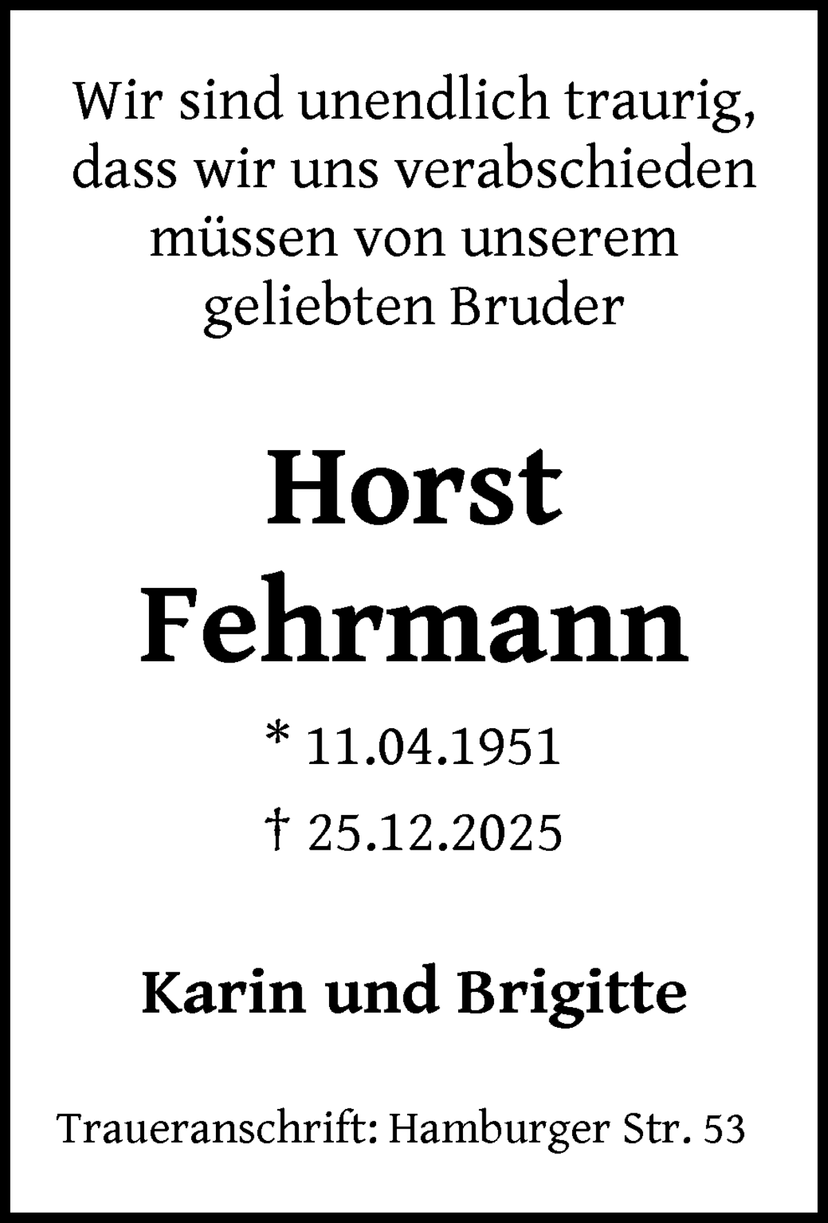Traueranzeige von Horst Fehrmann von WESER-KURIER