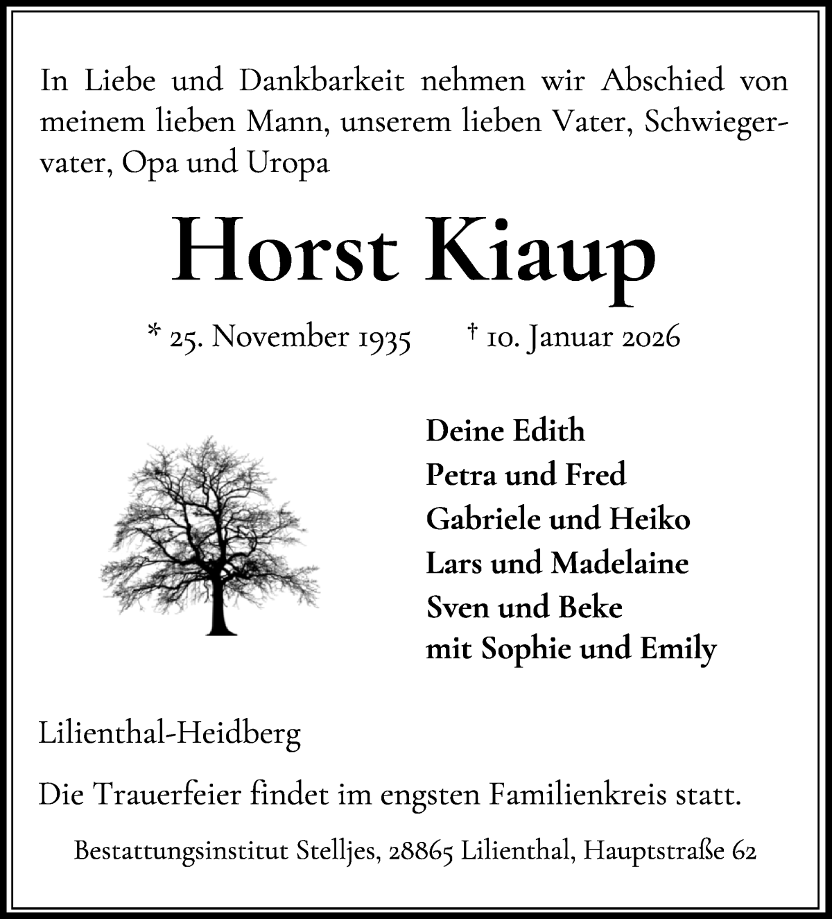 Traueranzeige von Horst Kiaup von Wuemme Zeitung