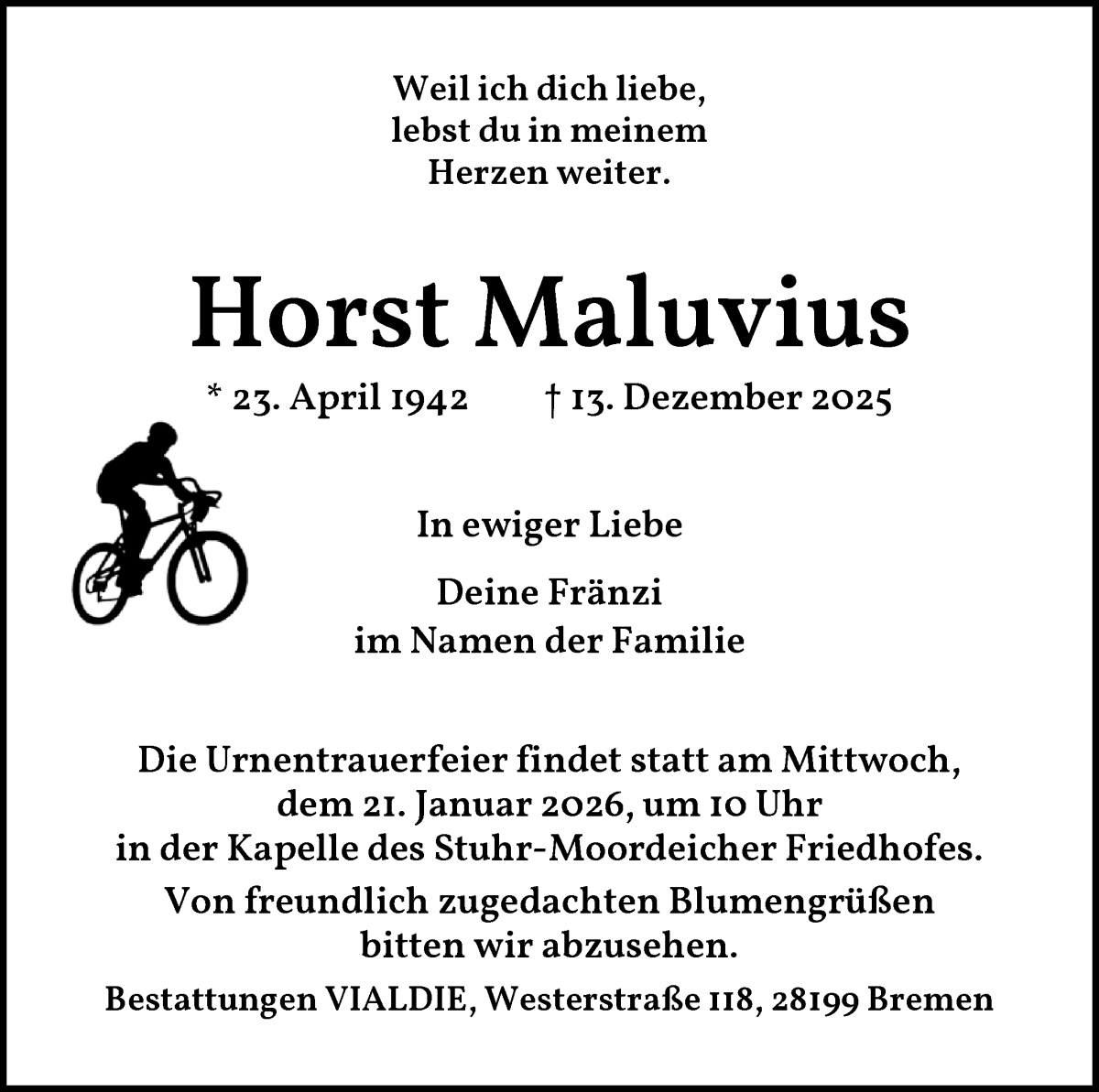 Traueranzeige von Horst Maluvius von WESER-KURIER