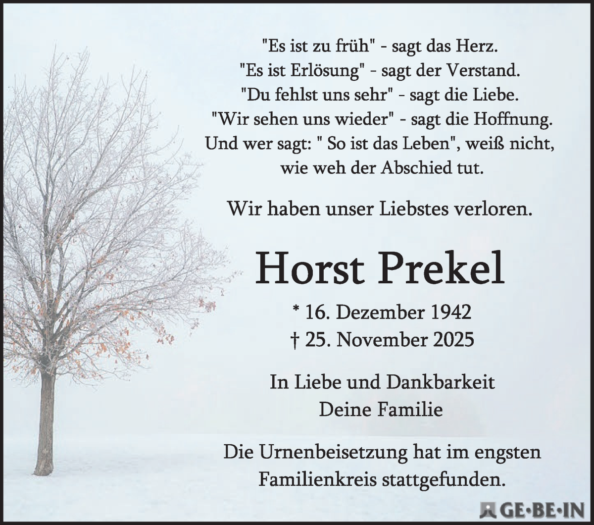 Traueranzeige von Horst Prekel von WESER-KURIER