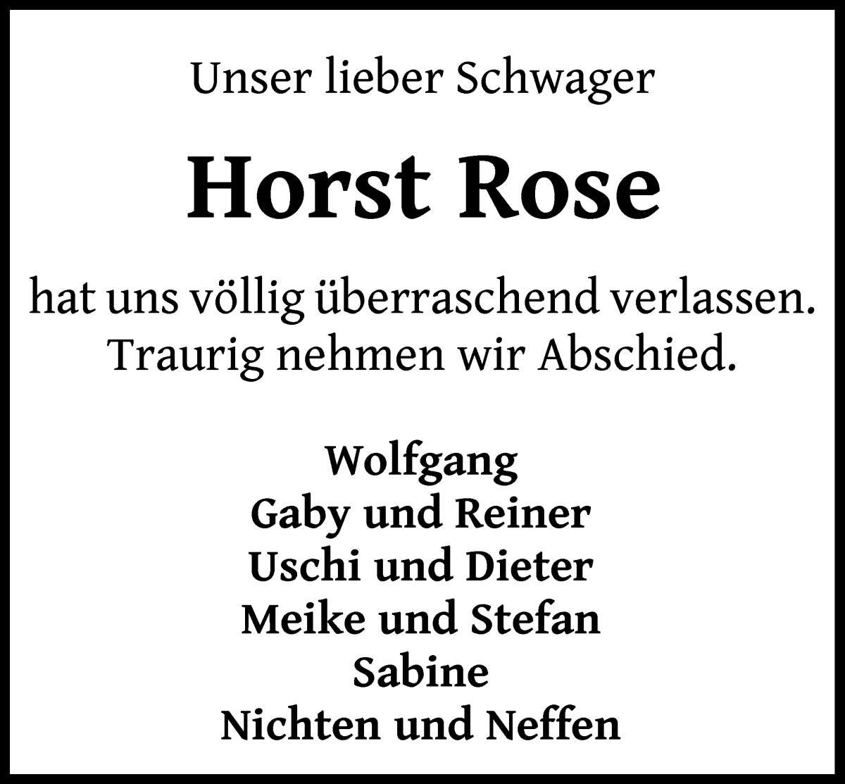 Traueranzeige von Horst Rose von Die Norddeutsche