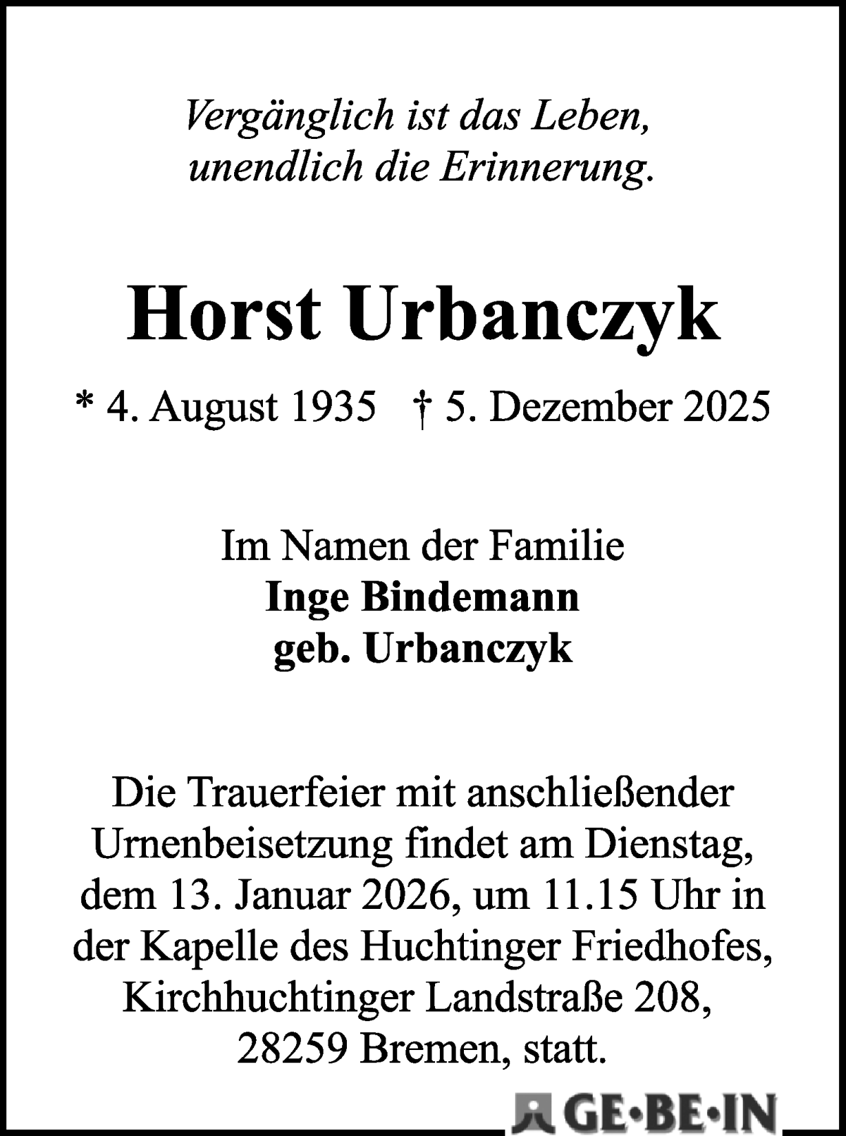 Traueranzeige von Horst Urbanczyk von WESER-KURIER