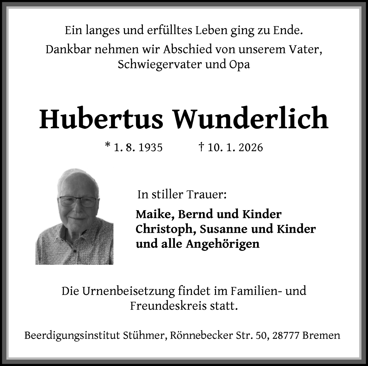 Traueranzeige von Hubertus Wunderlich von Die Norddeutsche
