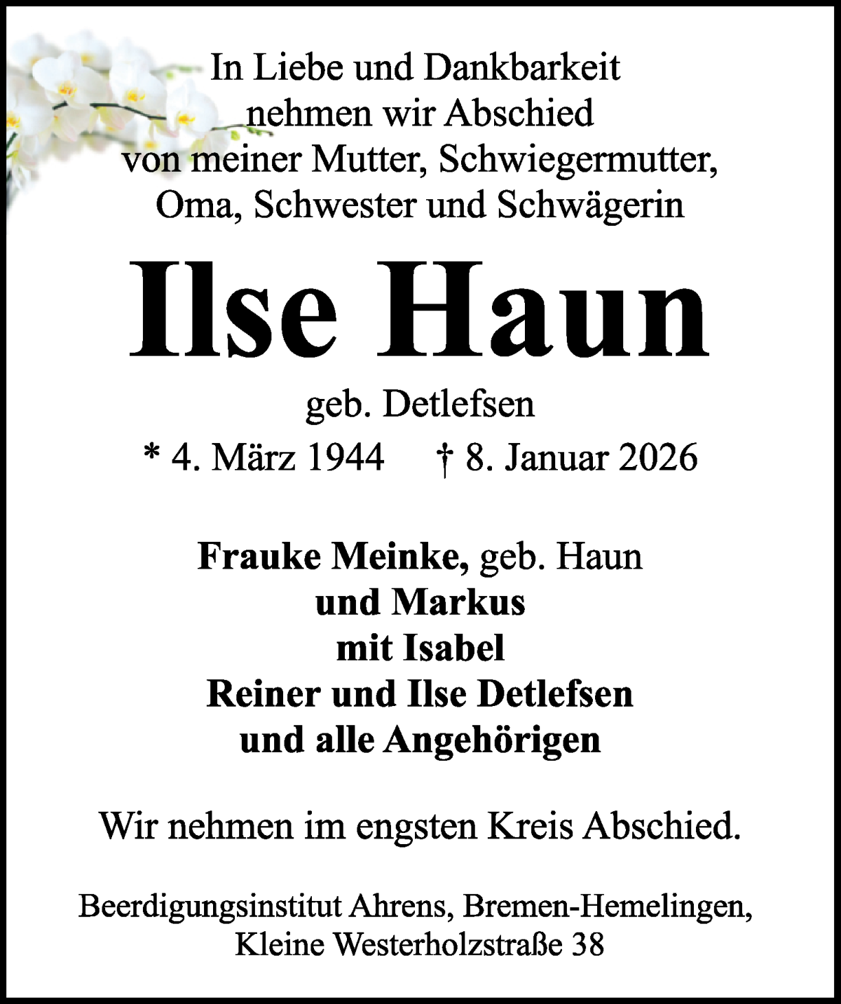 Traueranzeige von Ilse Haun von WESER-KURIER