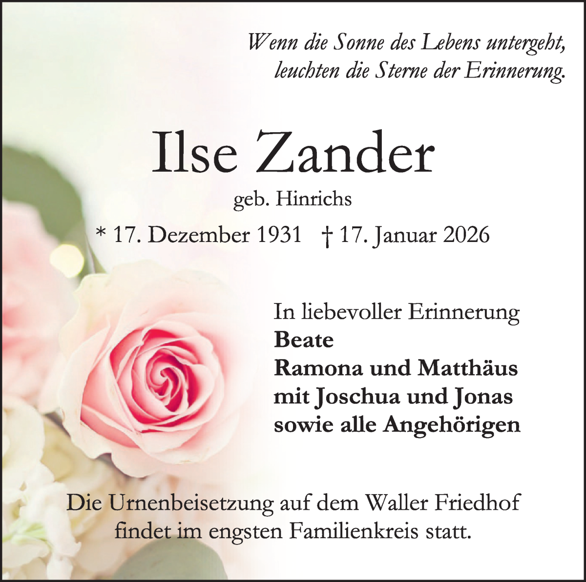 Traueranzeige von Ilse Zander von WESER-KURIER