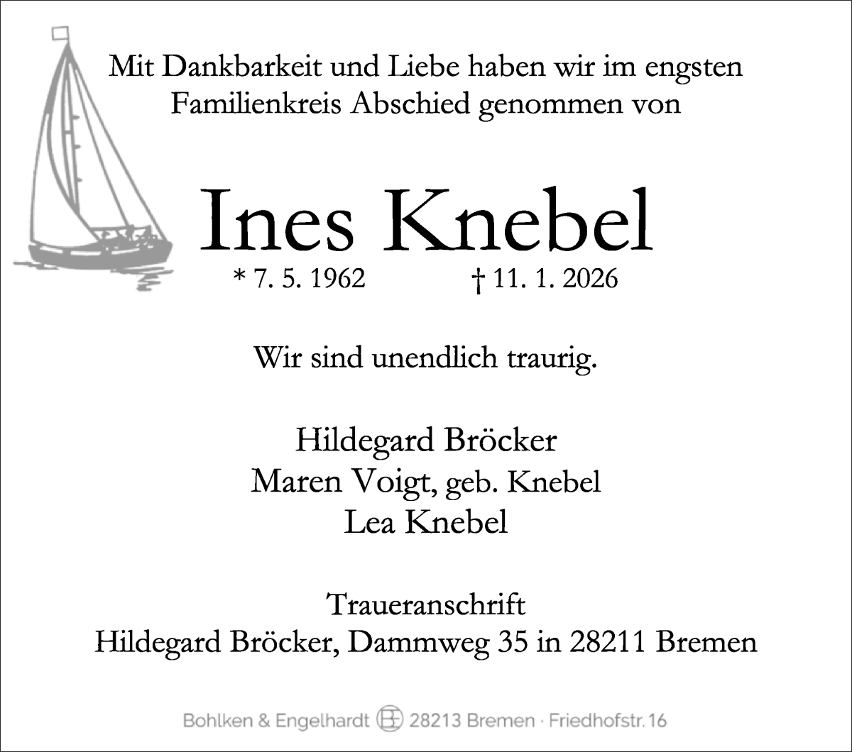  Traueranzeige für Ines Knebel vom 17.01.2026 aus WESER-KURIER