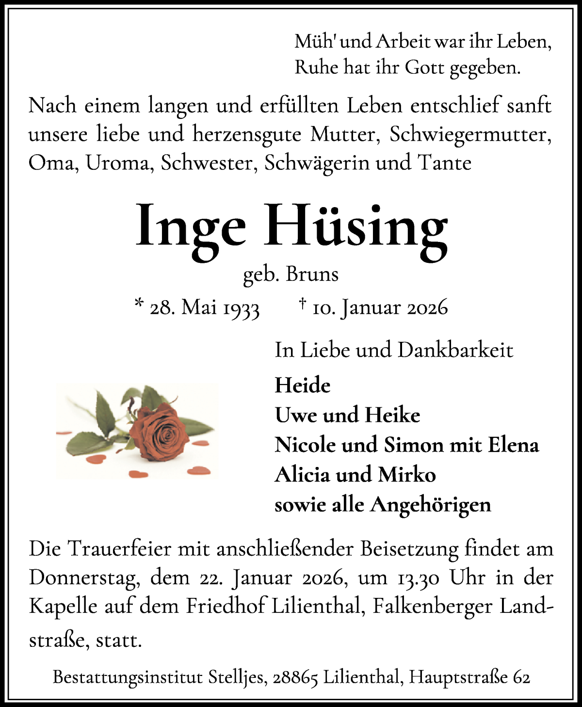 Traueranzeige von Inge Hüsin von Wuemme Zeitung