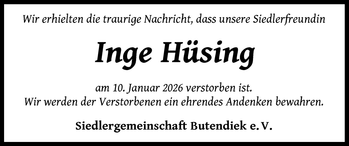 Traueranzeige von Inge Hüsing von Wuemme Zeitung