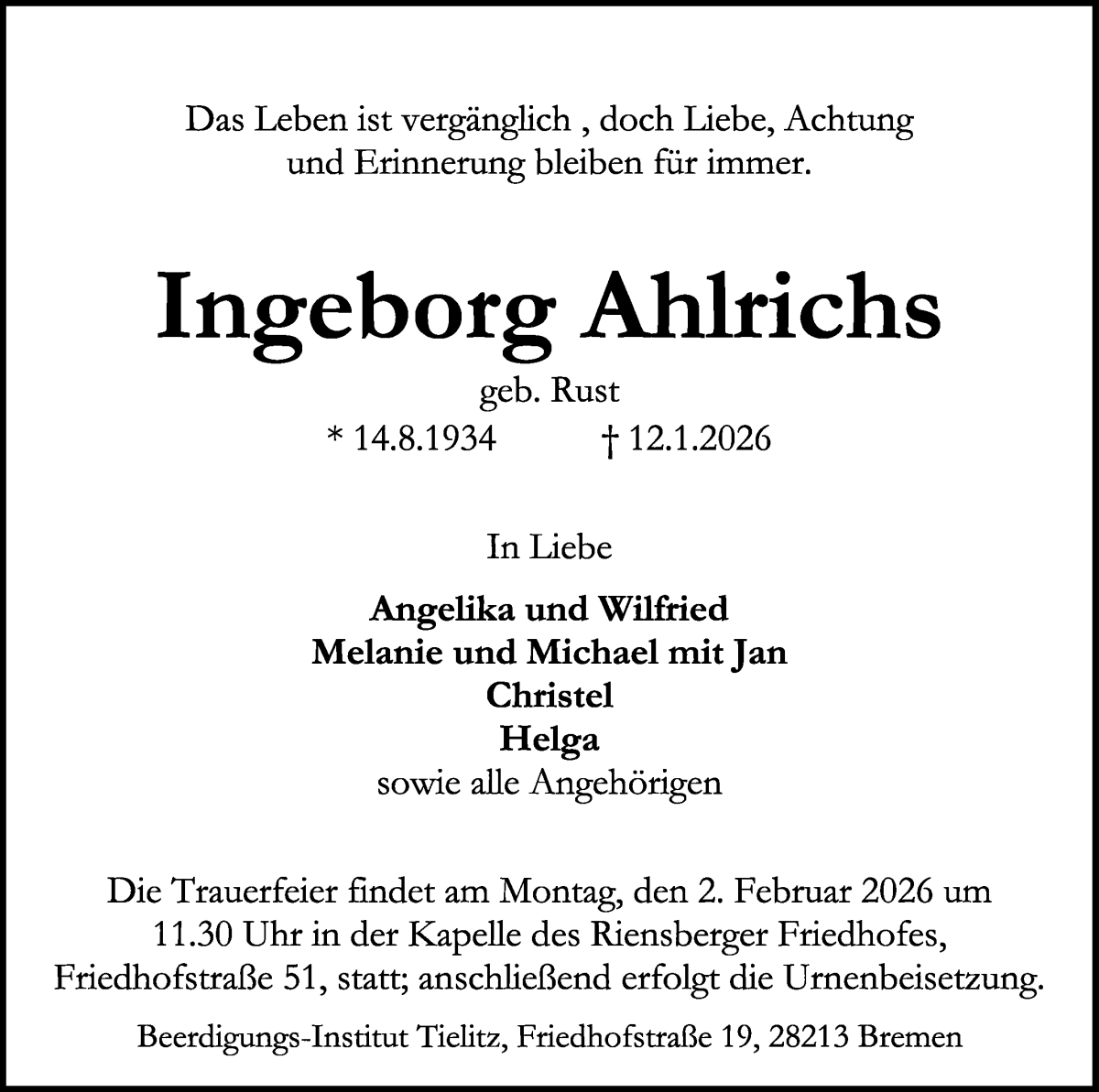 Traueranzeige von Ingeborg Ahlrichs von WESER-KURIER
