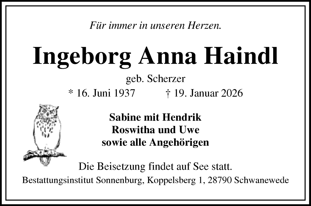 Traueranzeige von Ingeborg Anna Haindl von WESER-KURIER
