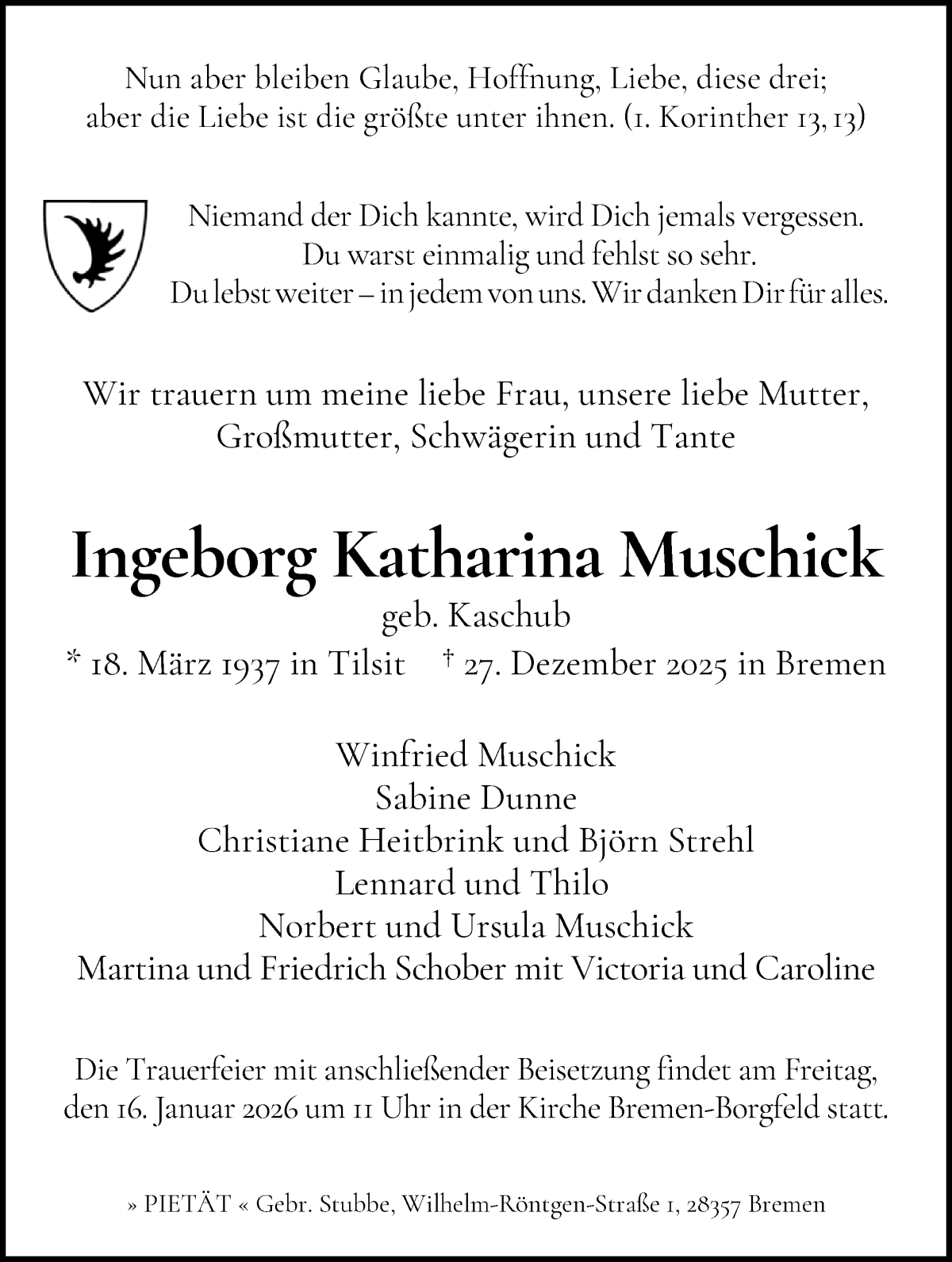 Traueranzeige von Ingeborg Katharina Muschick von WESER-KURIER