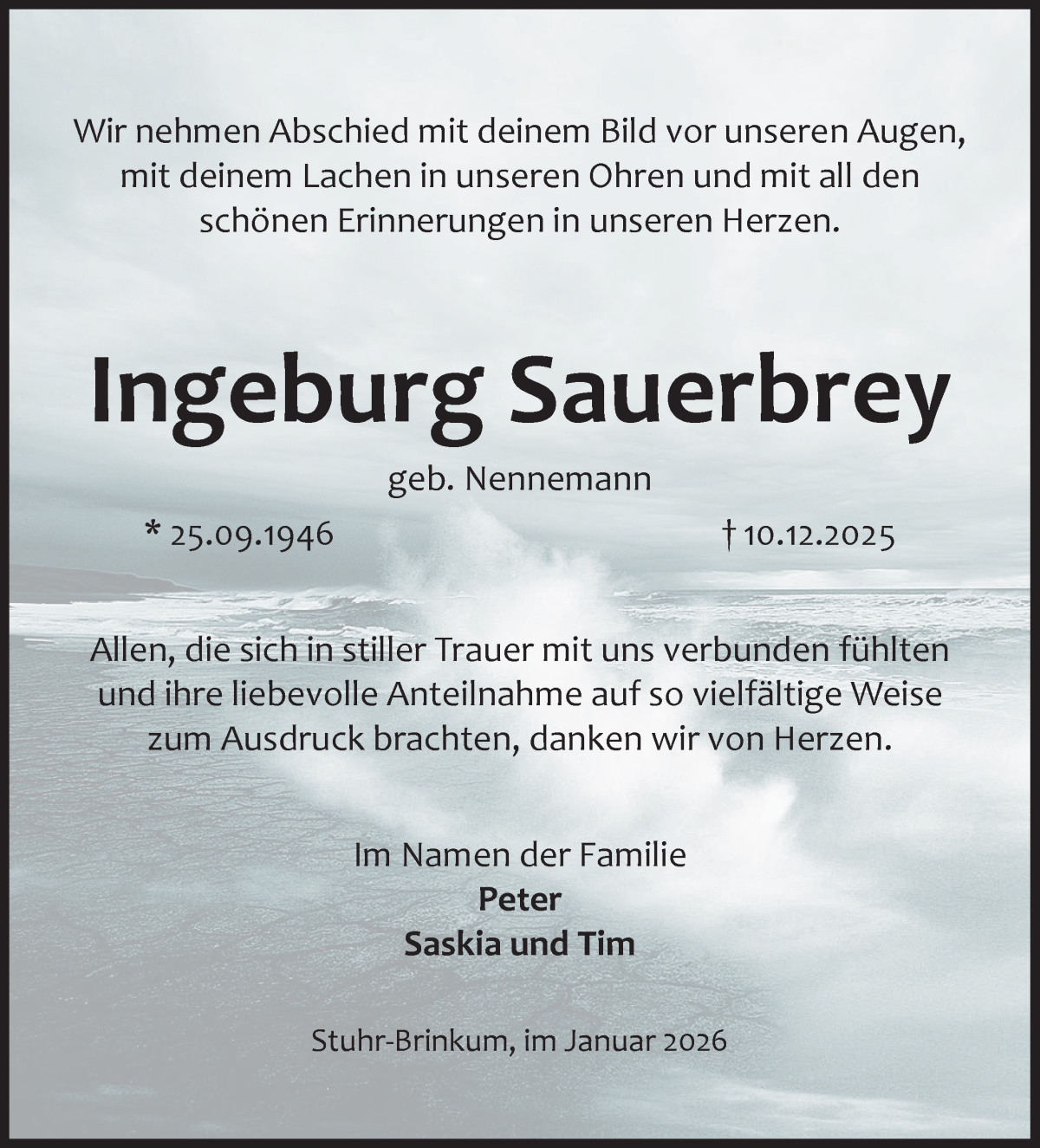 Traueranzeige von Ingeburg Sauerbrey von Regionale Rundschau/Syker Kurier