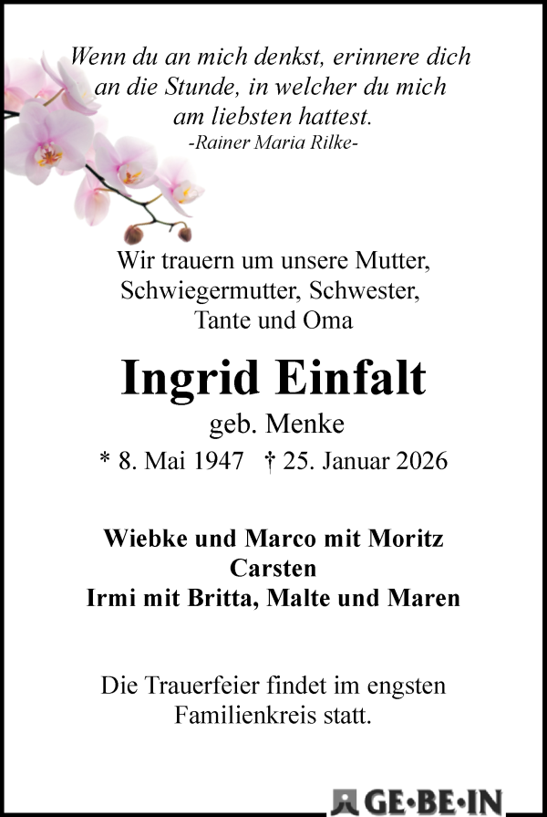 Traueranzeige von Ingrid Einfalt von WESER-KURIER
