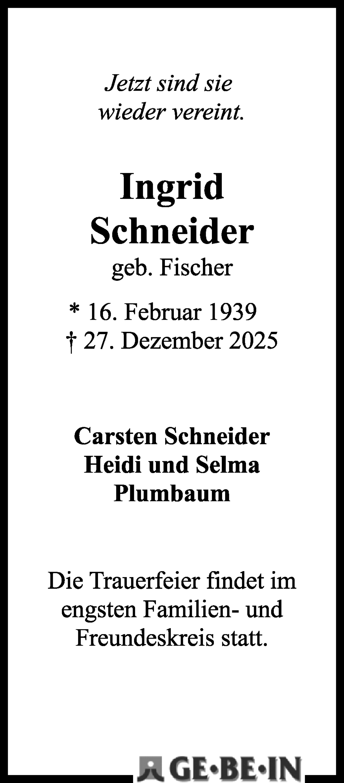 Traueranzeige von Ingrid Schneider von WESER-KURIER