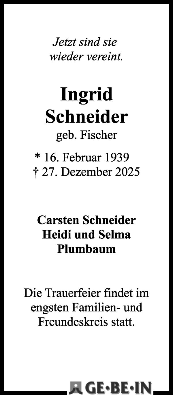 Traueranzeige von Ingrid Schneider von WESER-KURIER
