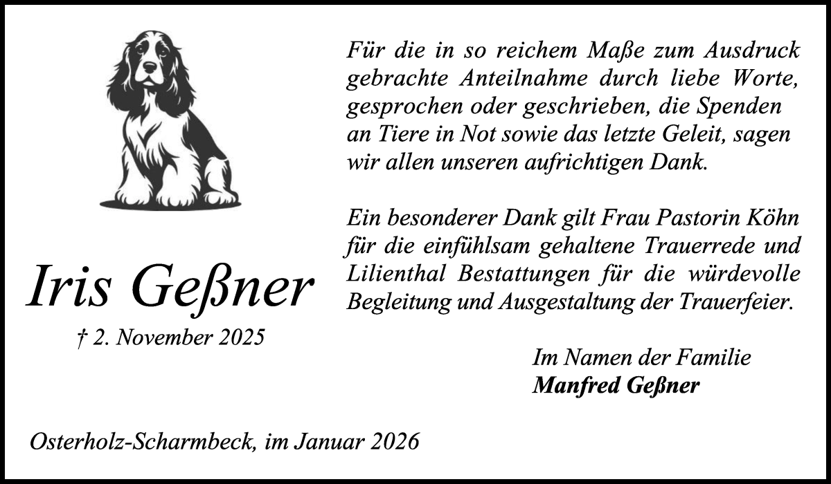 Traueranzeige von Iris Geßner von Osterholzer Kreisblatt