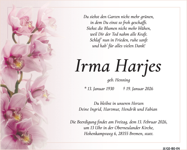 Traueranzeige von Irma Harjes von WESER-KURIER