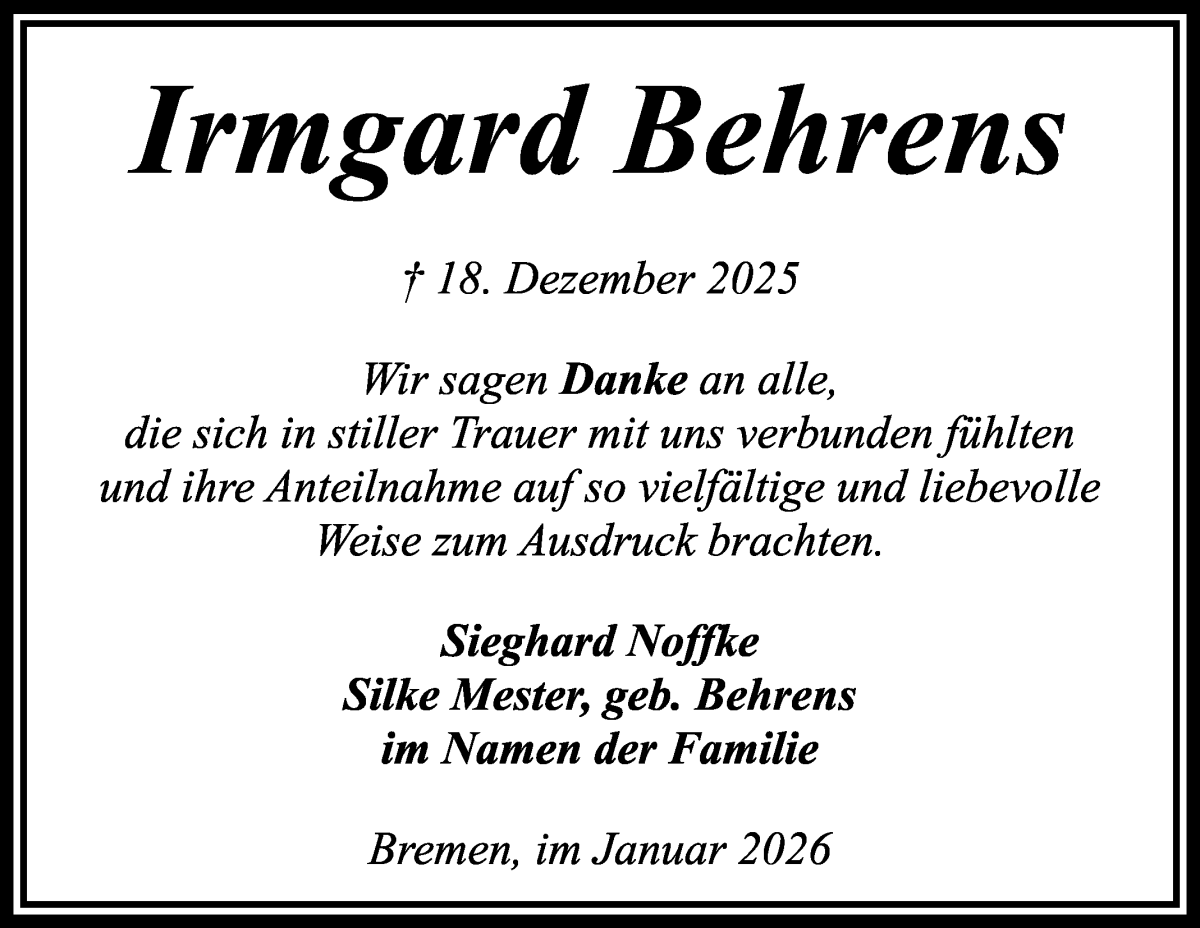 Traueranzeige von Irmgard Behrens von WESER-KURIER
