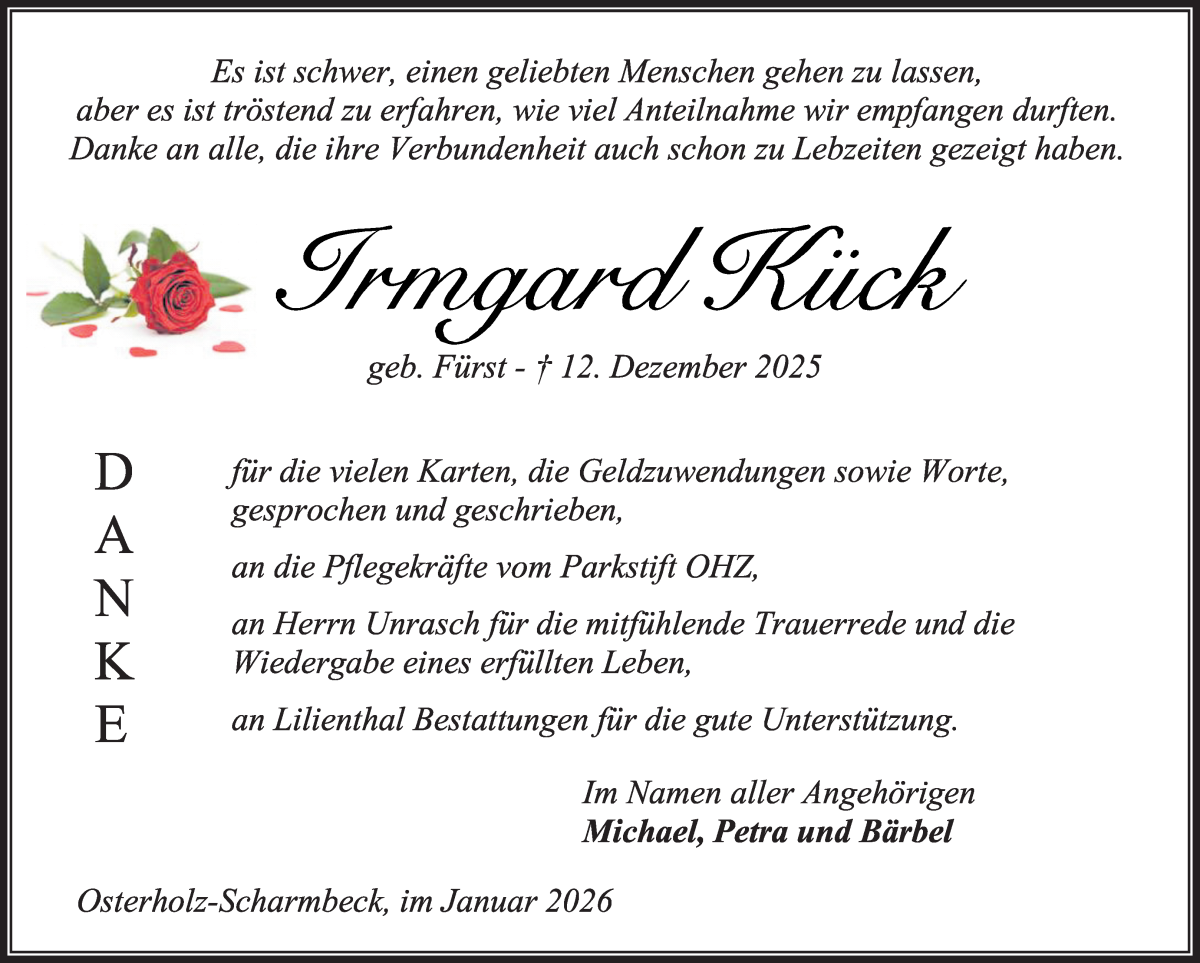Traueranzeige von Irmgard Fick von Osterholzer Kreisblatt