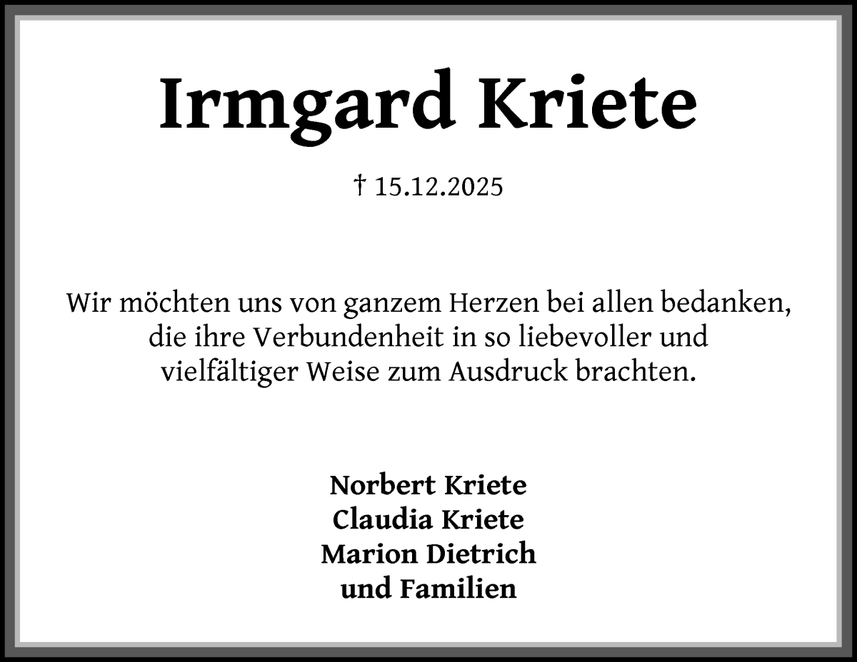 Traueranzeige von Irmgard Kriete von Die Norddeutsche