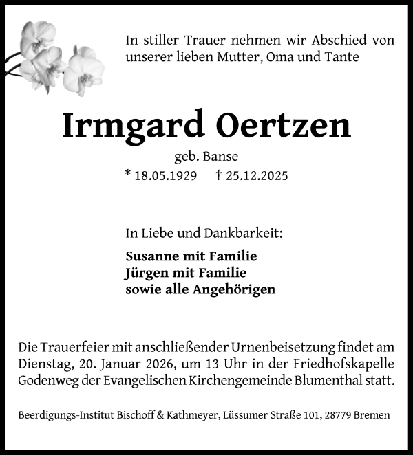 Traueranzeige von Irmgard Oertzen von Die Norddeutsche