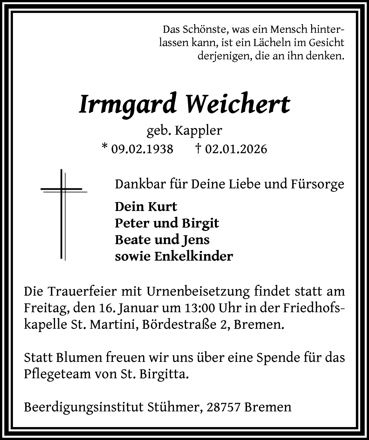 Traueranzeige von Irmgard Weichert von Die Norddeutsche