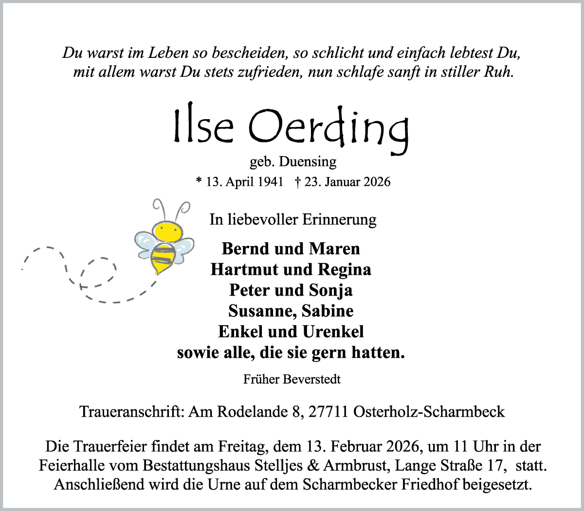Traueranzeige von Ise Oerding von Osterholzer Kreisblatt