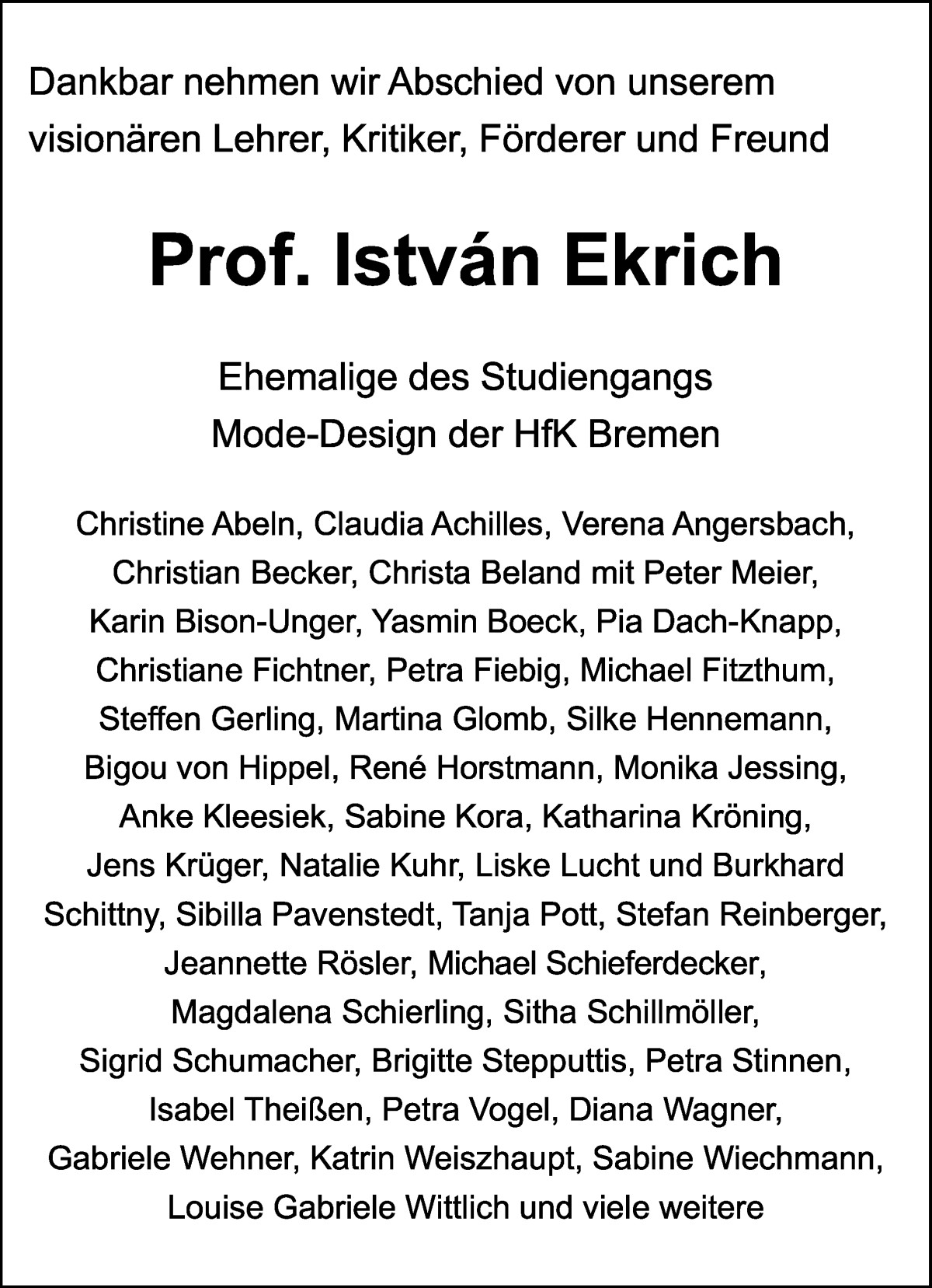 Traueranzeige von István Ekrich von WESER-KURIER