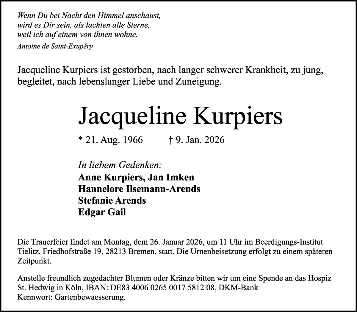 Traueranzeige von Jacqueline Kurpiers von WESER-KURIER