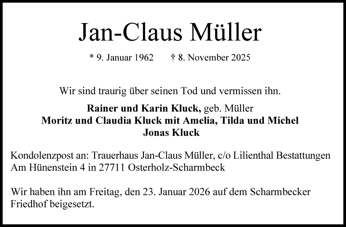  Traueranzeige für Jan-Claus Müller vom 31.01.2026 aus Osterholzer Kreisblatt