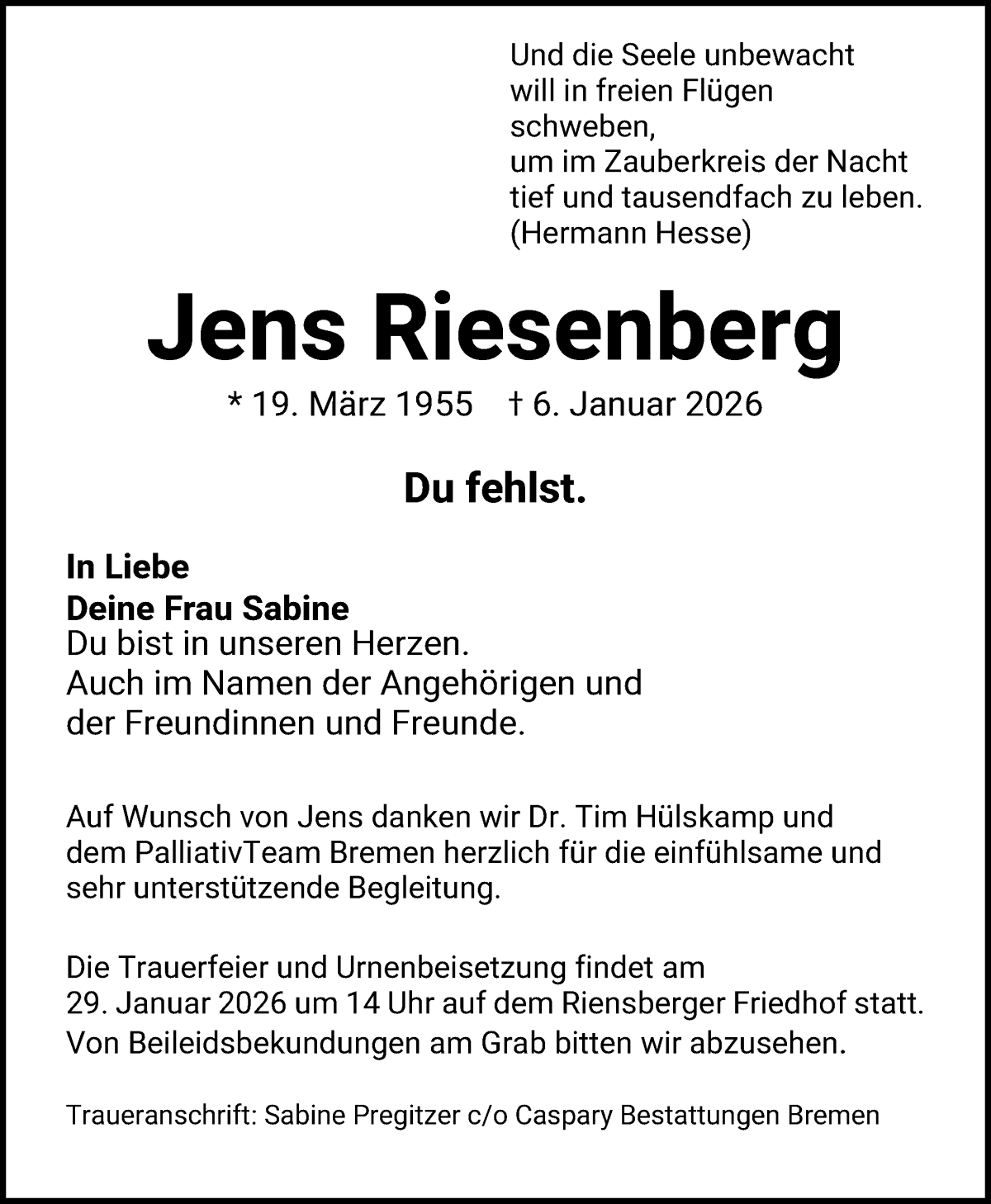 Traueranzeige von Jens Riesenberg von WESER-KURIER