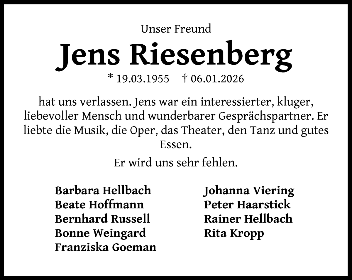 Traueranzeige von Jens Riesenberg von WESER-KURIER