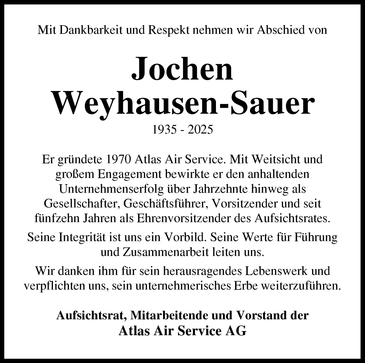 Traueranzeige von Jochen Weyhausen-Sauer von WESER-KURIER