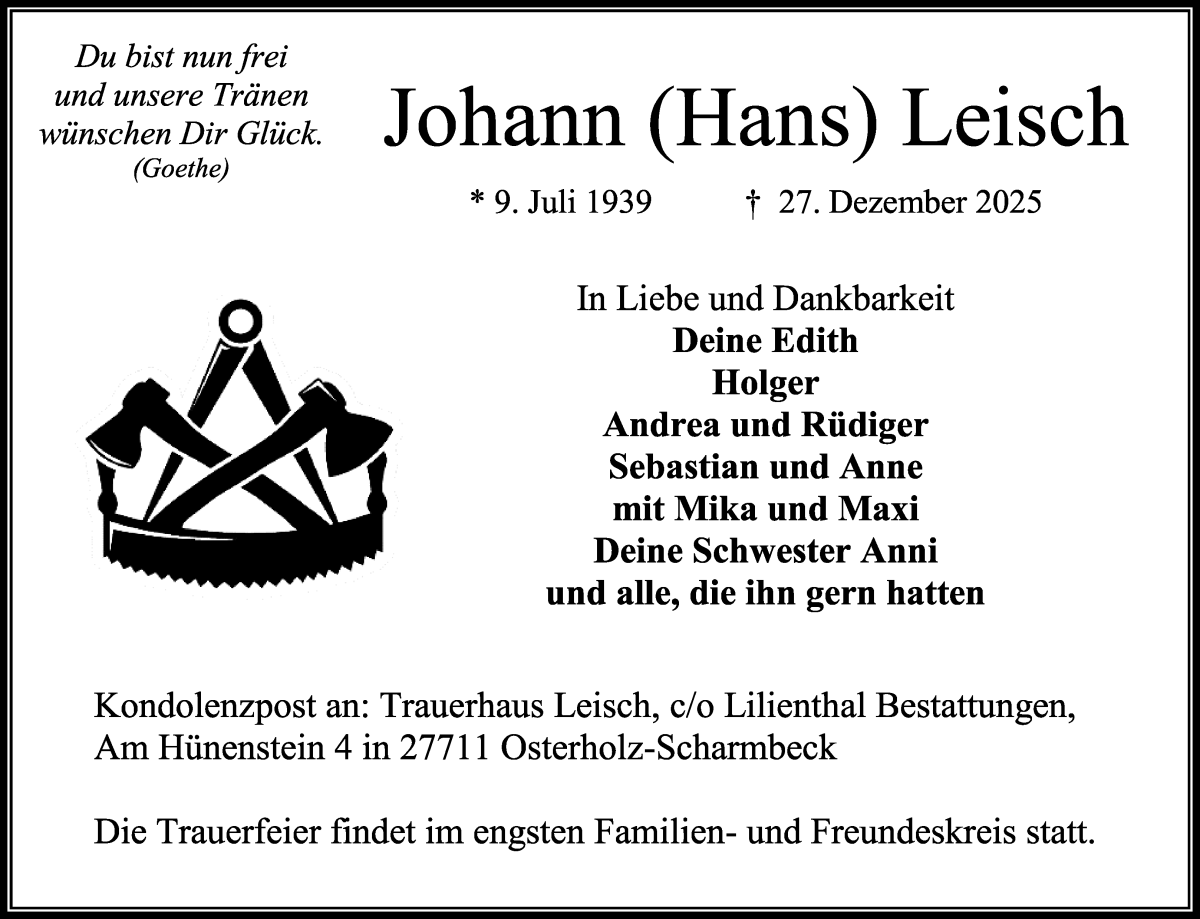 Traueranzeige von Johann Leisch von Osterholzer Kreisblatt
