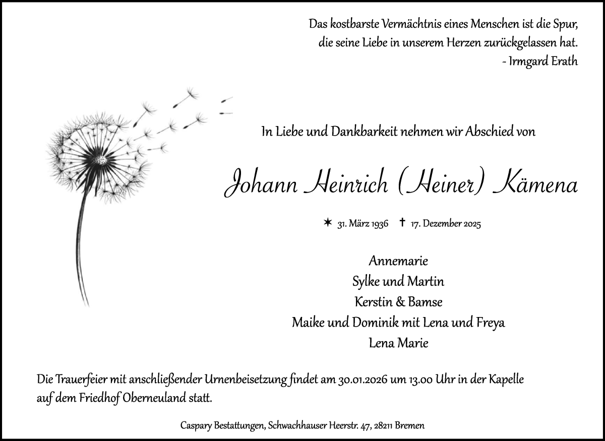 Traueranzeige von Johann Heinrich Kämena von WESER-KURIER
