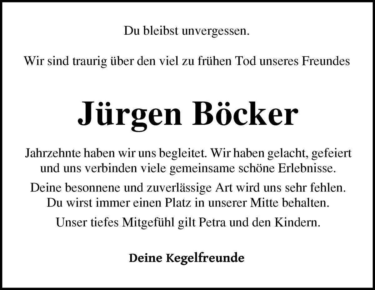 Traueranzeige von Jürgen Böcker von Die Norddeutsche