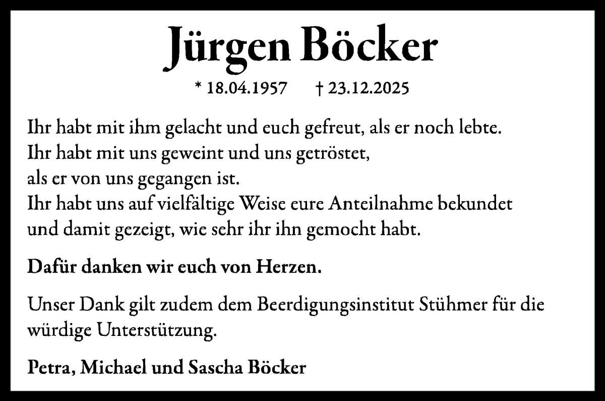 Traueranzeige von Jürgen Böcker von Die Norddeutsche