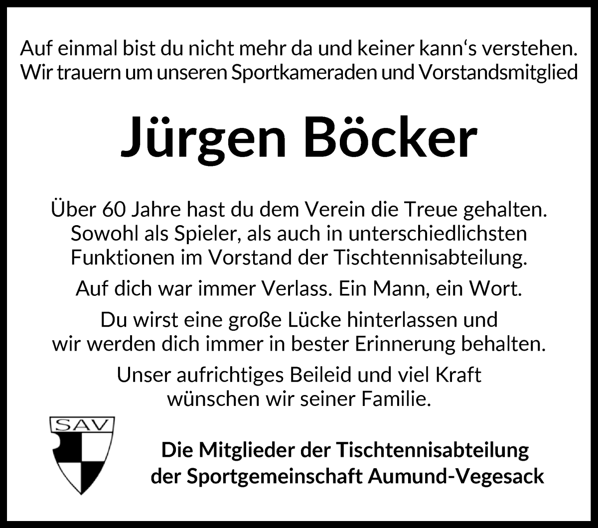 Traueranzeige von Jürgen Böcker von Die Norddeutsche